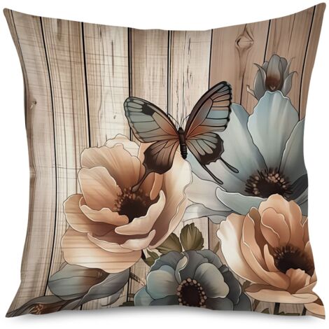 Housse de coussin imprimé bois et fleurs, 50x50 cm