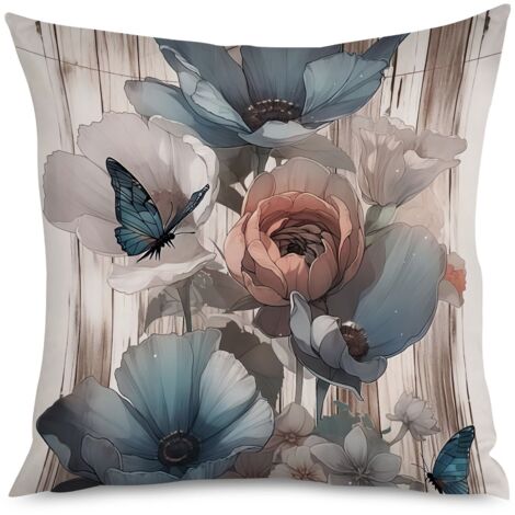 Housse de coussin imprimé bois gris et fleurs blanches