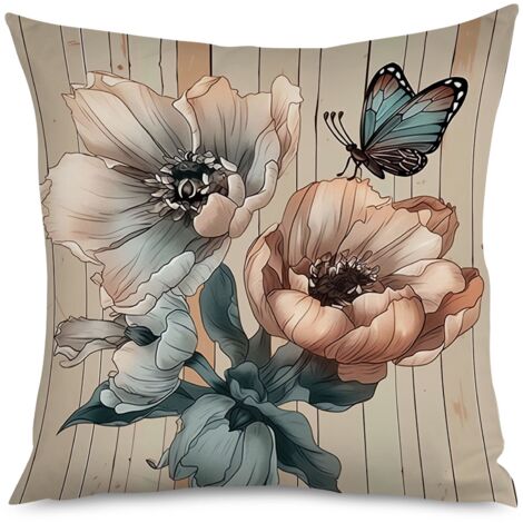 Housse de coussin imprimé bois gris et fleurs mauves