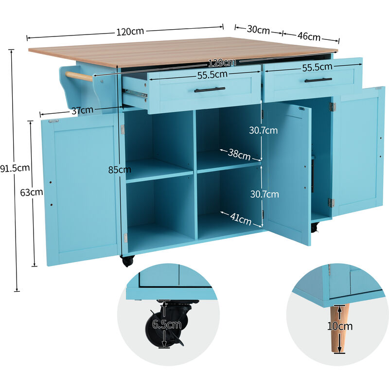 L&h-cfcahl - 129x76x91,5 cm Chariot de repas / buffet avec plateau de table rabattable, étagères dans les portes, îlot de cuisine sur 5 roulettes