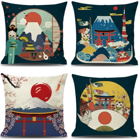 Housse de Coussin Japonais Fuji Ukiyo-e en Taie d'oreiller Canapé Voiture Maison Lit Décor 45 x 45cm, Ensemble de 4 pièces (Style Japonais B), Taie d'oreiller en lin de style japonais ukiyoe