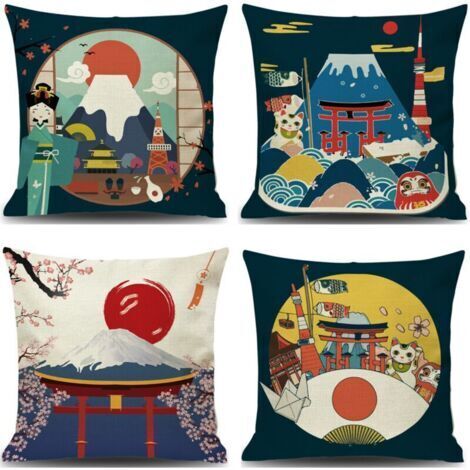 Housse de Coussin Japonais Fuji Ukiyo-e en Taie d'oreiller Canapé Voiture Maison Lit Décor 45 x 45cm, Ensemble de 4 pièces (Style Japonais B), Taie d'oreiller en lin de style japonais ukiyoe