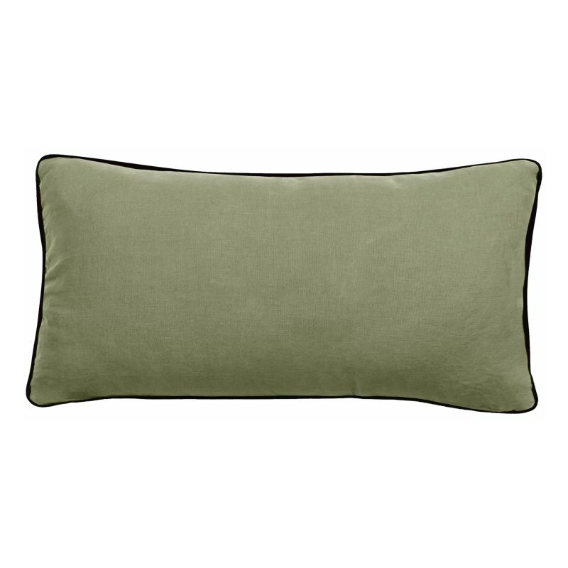 Vent Du Sud - Housse de coussin Lin lavé - Doublé coton lavé - Finition galon noir 'Prélude' Prélude Sauge - Housse de coussin 55 x 110 cm