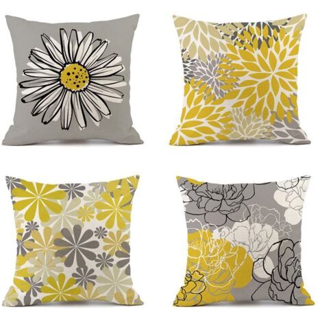 Housse de Coussin - Lin - Lot de 4 - Gris - Carré - Motif Boho - 45x45cm