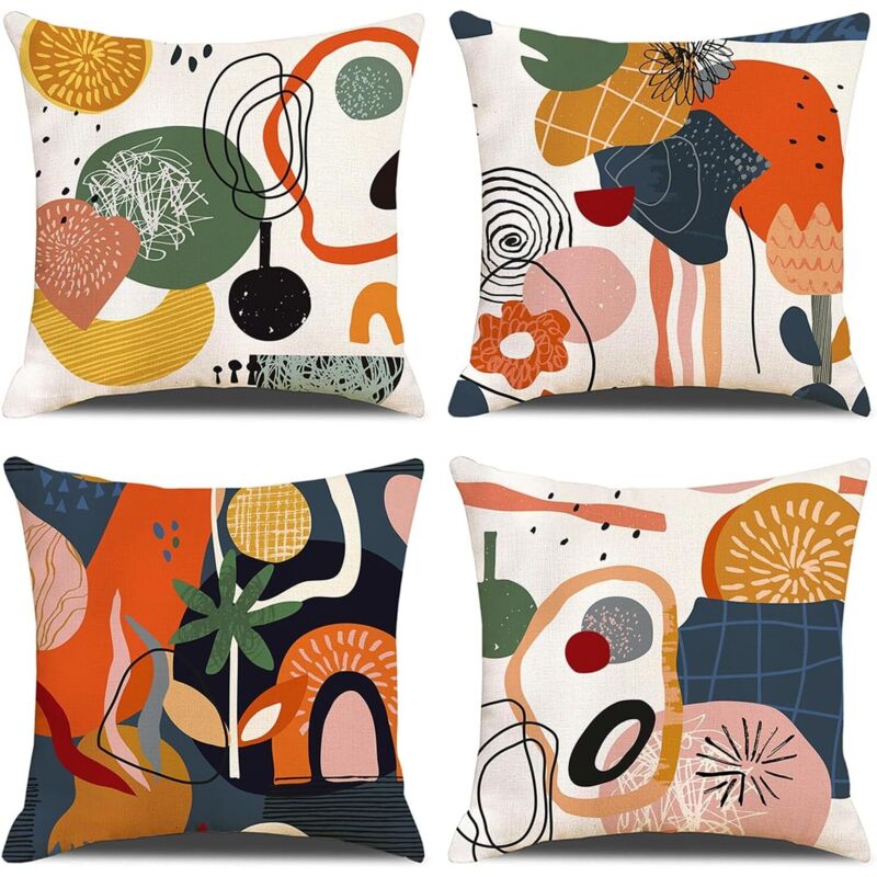 Housse de Coussin, Lot de 4 en Coton et Lin Décoratif Taie d'oreiller Décoration pour Canapé Chambre Maison 45 x 45 cm (Graffiti)