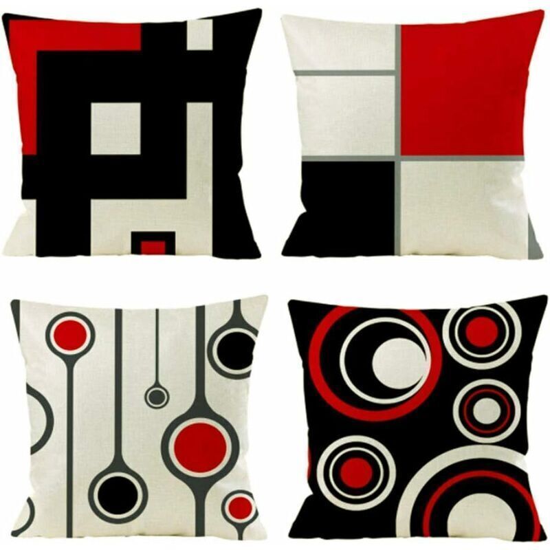 Housse de Coussin, Lot de 4 en Coton et Lin Moderne Noir Rouge Géométrique Modèle Décoratif Taie d'oreiller Décoration pour Canapé Chambre Maison 45