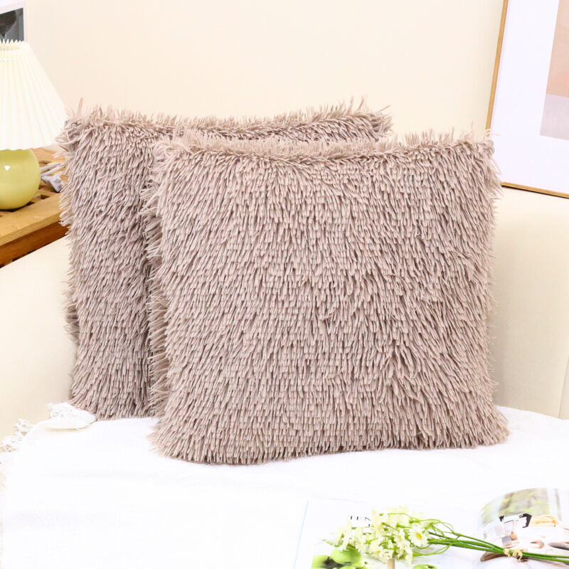 Housse de coussin luxueuse en fausse fourrure douce et laine, taie d'oreiller décorative, sans coussin, 45 x 45 cm, marron clair, lot de 2