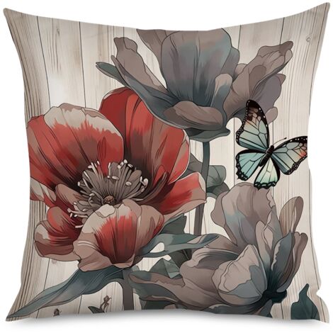 Housse de Coussin motif bois de grange et fleurs champêtres