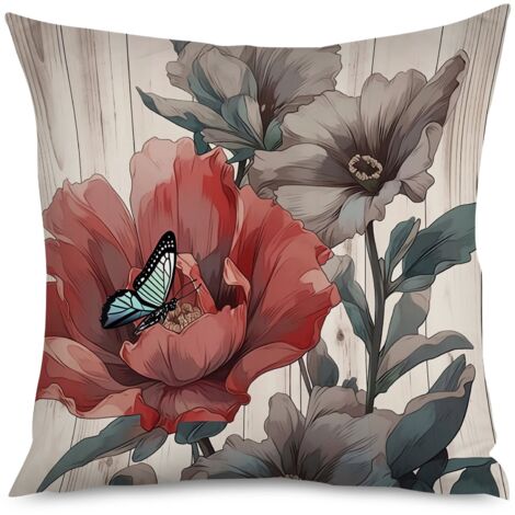 Housse de Coussin motif bois patiné et fleurs de lotus
