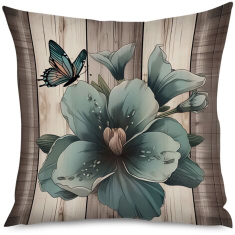 Housse de Coussin motif bois recyclé et fleurs des champs