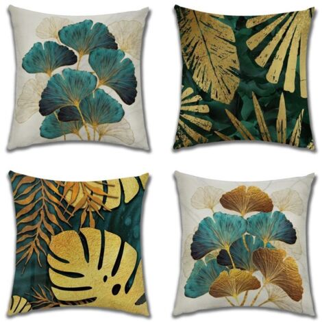 Housse de coussin motif botanique taie d'oreiller imperméable lot de 4 40x40 cm carré feuille verte housse de coussin de canapé en lin