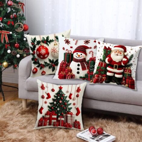 Housse de Coussin Noël 45 x 45cm, Lot de 4 Housse Coussin Noel, Lin Décoratif Taie d'oreiller de Noel d’Hiver, pour Canapé Salon Chambre Chaise Lit Jardin Bureau Nël Decoration Intérieur