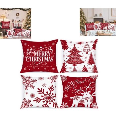 Housse de coussin Noël 45x45 cm, Blanc et Rouge - Parure d'oreiller Hiver Flocons de Neige 4 pièces