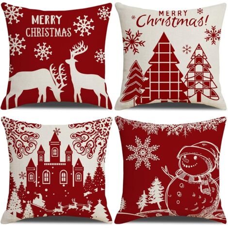 Housse de Coussin Noel 45x45cm, Lot de 4 Noël Décoratif Canapé en Coton et Lin Noël pour Canapé Lit Chambre Chaise Jardin-Décoration Noël Rouge