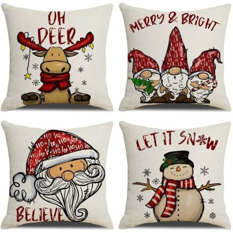 Housse de Coussin Noel 45x45cm, Lot de 4 Noël Décoratif Canapé en Coton et Lin Noël pour Canapé Lit Chambre Chaise Jardin-Rétro Noël