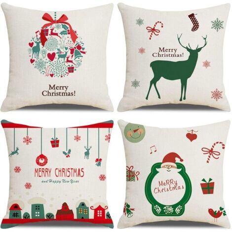 Housse De Coussin Noël, Lot de 4 Wapiti Noël Coton et Lin Décoratif Taie d'oreiller 45 x 45 cm