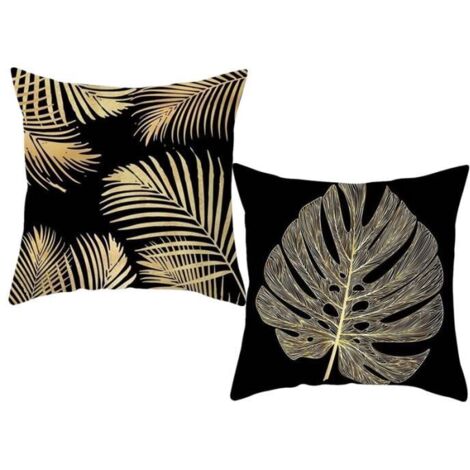Housse de Coussin Noir Doré Style Kyoto en Polyester 45X45CM avec Motif de Plante Tropicales - Maison Moderne