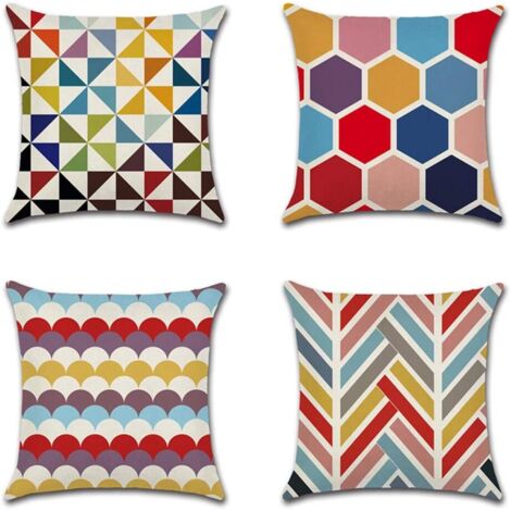 Housse de Coussin Plante Feuilles Géométrique Motif Taie d'oreiller pour Canapé Maison Salon Chambre Décoration D'intérieur, 45x45cm, Ensemble de 4 pièces(Géométrie colorée)