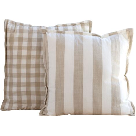 Housse de coussin recto-verso 100% coton rayures et vichy LOURMARIN Beige 45x45 cm