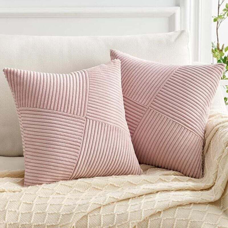 Housse de Coussin Rose 45x45 en Velours Côtelé Super Doux Housse Coussin Decoratif Canape Motif à Rayures Patchwork Decoration Maison Salon Chambre
