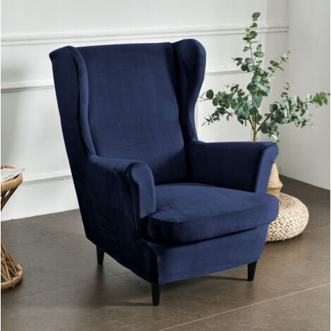 HOUSSE DE FAUTEUIL À OREILLES EN VELOURS ÉLASTIQUE BLEU MARINE [22E4]