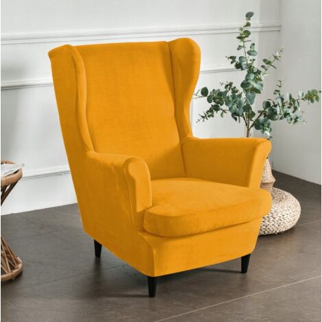 HOUSSE DE FAUTEUIL À OREILLES EN VELOURS ÉLASTIQUE JAUNE MOUTARDE [22E7]