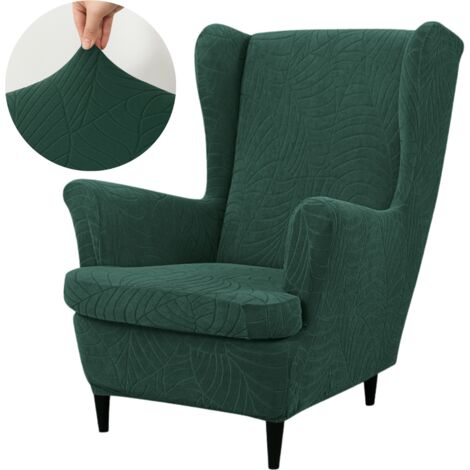 Housse de fauteuil à oreilles en velours vert bouteille, motifs jacquard, élastique [30-Z3-ZLB]