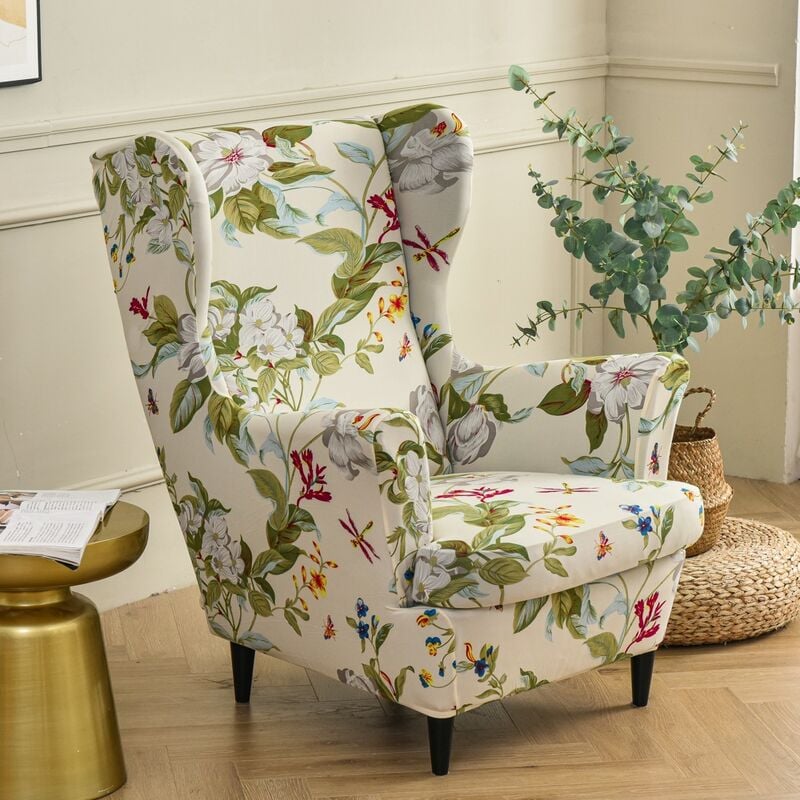 (Fleur et Feuille)Housse de Fauteuil à Oreilles Extensible 2 Pièces Couverture de Fauteuil avec Housse de Coussin en T, Housse de Fauteuil