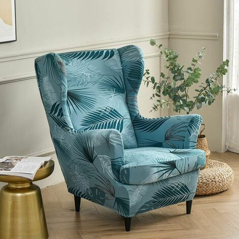 Housse de Fauteuil à Oreilles Extensible 2 Pièces Couverture de Fauteuil avec Housse de Coussin en T, Housse de Fauteuil Antidérapante,pour Salon, Hôtel, Chambre (Feuilles Bleu lac)