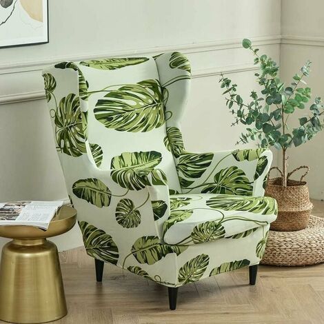 Housse de Fauteuil à Oreilles Extensible 2 Pièces Couverture de Fauteuil avec Housse de Coussin en T,Triomphe Housse de Fauteuil Antidérapante,pour Salon, Hôtel, Chambre (Feuille Verte)