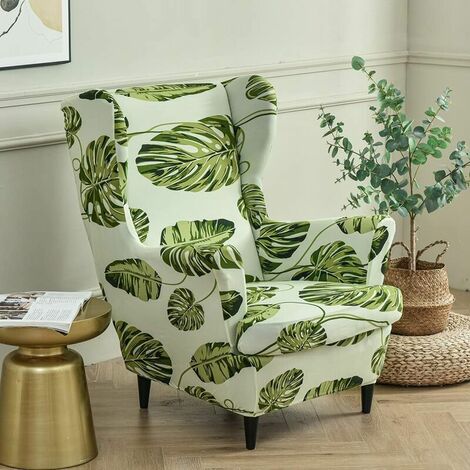 Housse de Fauteuil à Oreilles Extensible 2 Pièces Couverture de Fauteuil avec Housse de Coussin en T,Triomphe Housse de Fauteuil Antidérapante,pour Salon, Hôtel, Chambre (Feuille Verte)