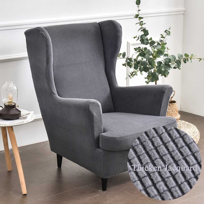 Housse de Fauteuil à Oreilles Extensible 2-Pièces Couverture de Fauteuil avec Housse de Coussin en T, Couleur Unie Jacquard épaissir Strandmon Housse