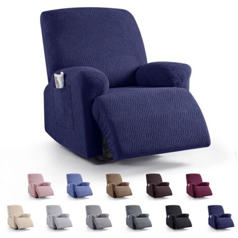 Housse de Fauteuil Relax Extensible 1 Place, Jacquard Simple, avec Poche, bleu foncé