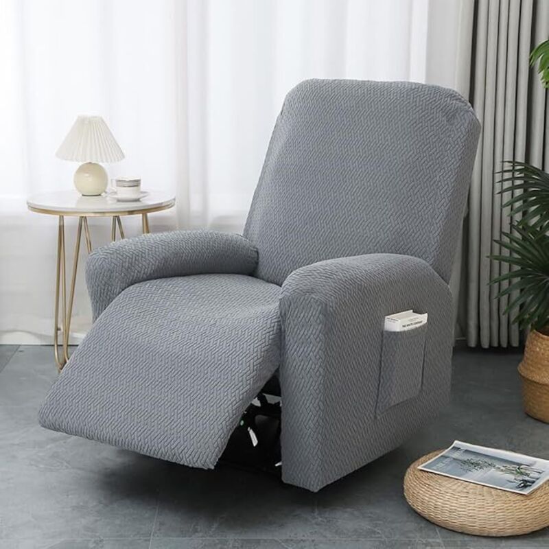 Housse de fauteuil relax inclinable électrique en jacquard gris foncé – Extensible 4 pièces – Poche latérale pour télécommande – Lavable en machine