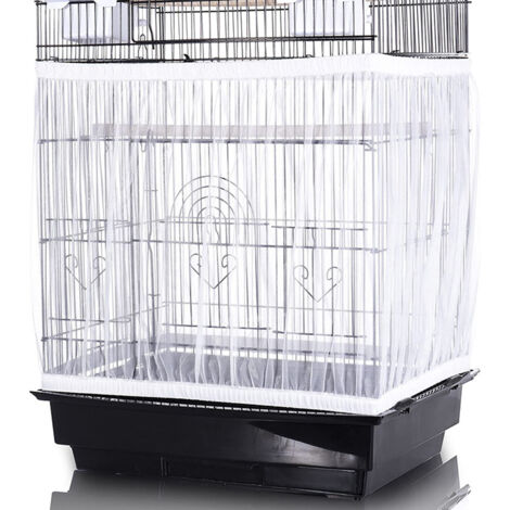 Housse de mangeoire pour cage à oiseaux de grande taille avec jupe en filet élastique, adaptée aux cages à perroquets, tissu léger et respirant, réutilisable, ajustable, légère, blanche (cage à oiseau