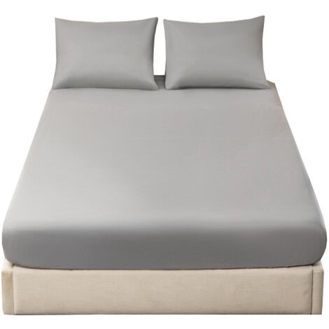 Housse de matelas grise, 180 cm de large x 200 cm de long x 30 cm de haut.