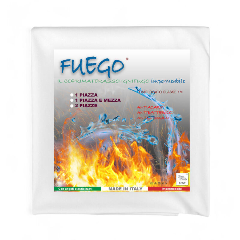 Housse de matelas imperméable « FUEGO » anti-acariens ignifuge classe 1, élastique, ligne hôtelière, fabriquée en Italie 2 PLACES Housse de matelas imperméable « FUEGO » anti-acariens ignifuge classe 1, élastique, ligne hôtelière, fabriquée en Italie 2 PLACES