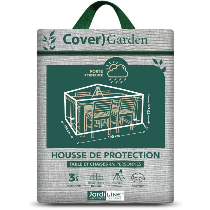 Housse de protection Cover Garden pour table rectangulaire 4-6 personnes + chaises, avec trépied - 190 x 120 x 70 cm - Jardiline Housse de protection Cover Garden pour table rectangulaire 4-6 personnes + chaises, avec trépied - 190 x 120 x 70 cm - Jardiline