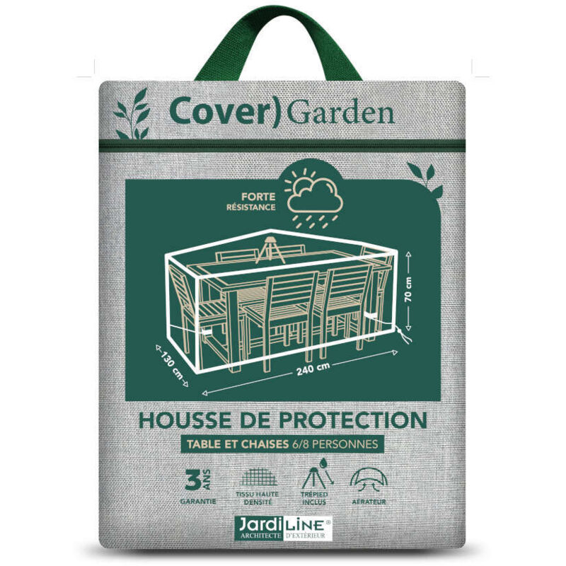 Housse de protection Cover Garden pour table rectangulaire 6-8 personnes + chaises, avec trépied - 240 x 130 x 70 cm - Jardiline Housse de protection Cover Garden pour table rectangulaire 6-8 personnes + chaises, avec trépied - 240 x 130 x 70 cm - Jardiline