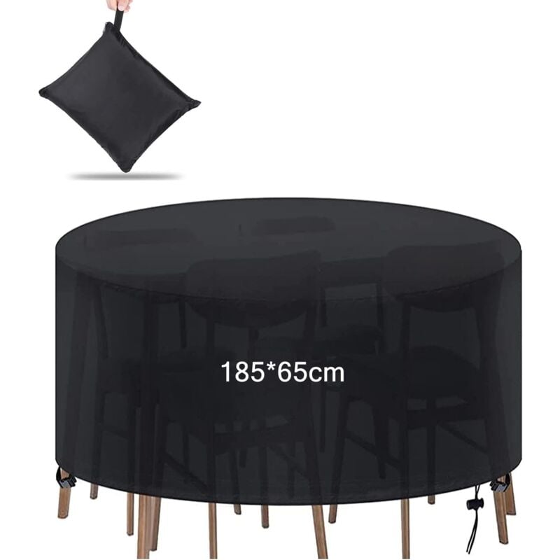 Housse de protection pour table de jardin ronde, imperméable, coupe-vent, anti-UV, Oxford, pour table circulaire 4-6 places, 185 x 65 cm