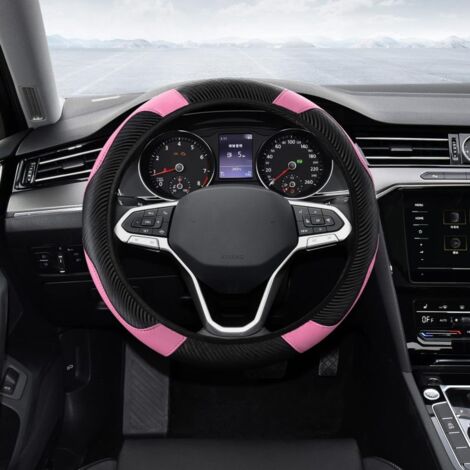 Housse de protection pour volant de voiture, housse universelle de 37 à 38 cm, housse en cuir, microfibre transpirante, housse pour volant en fibre de carbone (rose)