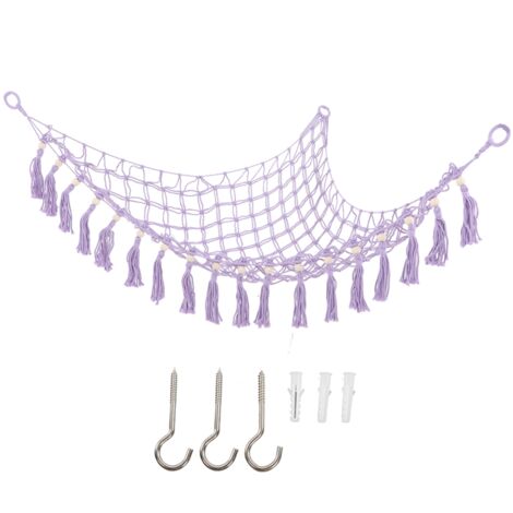 Housse de rangement jouets en macramé avec perles en bois et franges, hamac pour peluches violet clair