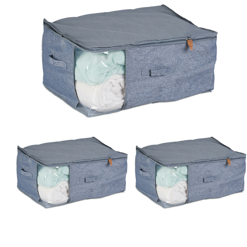 Housse de rangement, lot de 3, tissu, HxLxP: 28x58x45 cm, fenêtre de visualisation, gris - transparent - Relaxdays