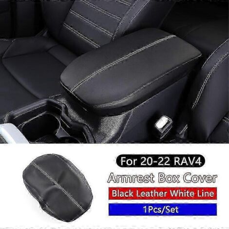 Housse de rangement pour accoudoir central de Toyota Rav4 2020-2022, en cuir microfibre noir, avec surpiqûres noires et blanches.