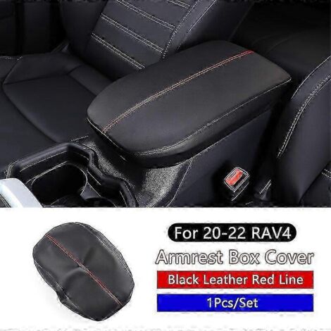 Housse de rangement pour accoudoir central de Toyota Rav4 2020-2022, en cuir microfibre noir, avec surpiqûres rouges. Accessoire intérieur.