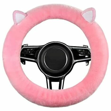 Housse de volant de voiture (chat rose), roue de voiture anti-dérapante universelle de 13,5 à 16,5 pouces, housse de volant de voiture en peau de mouton véritable de style moelleux mignon