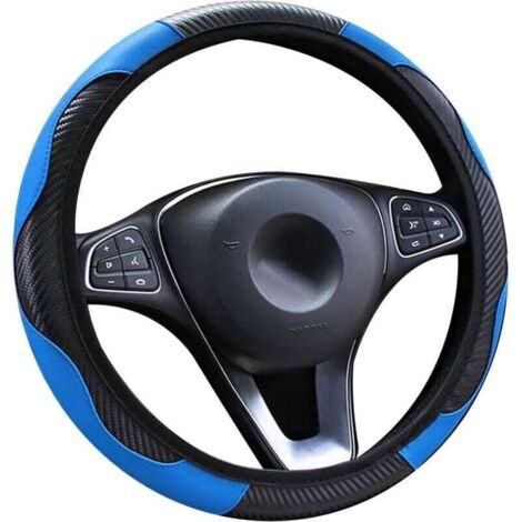 Housse de volant de voiture en cuir, bande élastique de sport en fibre de carbone respirante antidérapante sans bague intérieure Housse de volant Ajustement universel 37-39 cm/14,5-15 pouces (Bleu)