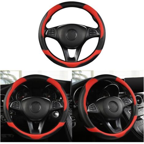 Housse De Volant De Voiture Respirantes, Housses Volant Voiture Antidérapantes en Fibre Carbone Souple, Housse De Volant Universelle pour Quatre Saisons, Accessoires Voiture(Noir/Rouge)