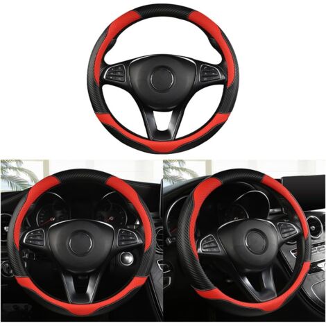 Housse De Volant De Voiture Respirantes, Housses Volant Voiture Antidérapantes en Fibre Carbone Souple, Housse De Volant Universelle pour Quatre Saisons, Accessoires Voiture(Noir/Rouge)