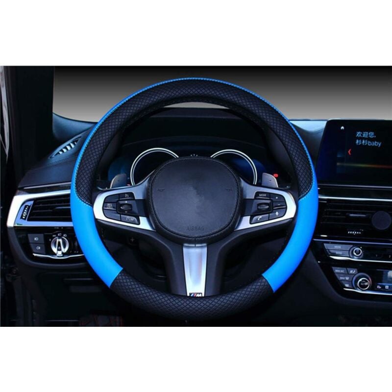 Housse de volant de voiture universelle antidérapante en cuir robuste 38 cm/15'' (noir-bleu)